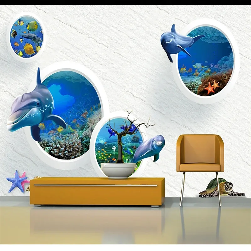 Custom Mural 3D Wallpaper Circle Cartoon Fish Dolphin TV Background Wall Self-Adhesive Sticker Papel De Parede Fresco Tapety