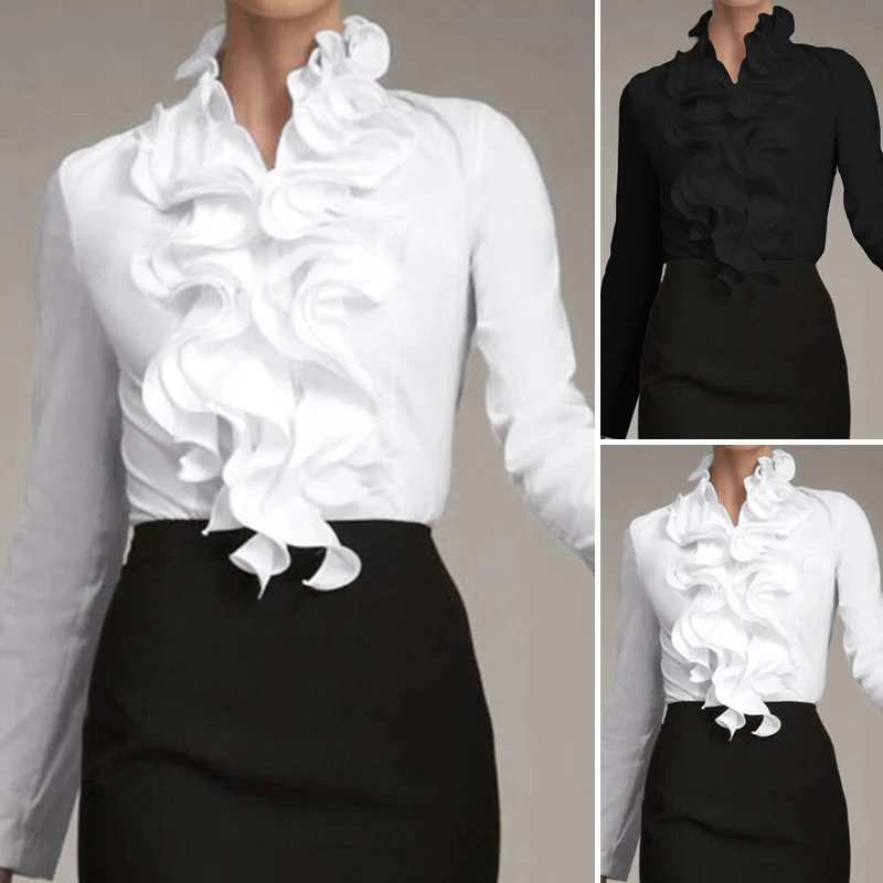 ZANZEA Office Women Blouse Ruffles Tops Casual Spring Long Sleeve White Blouses Elegant Flounce Blusa Female OL Work Shirt Chic7