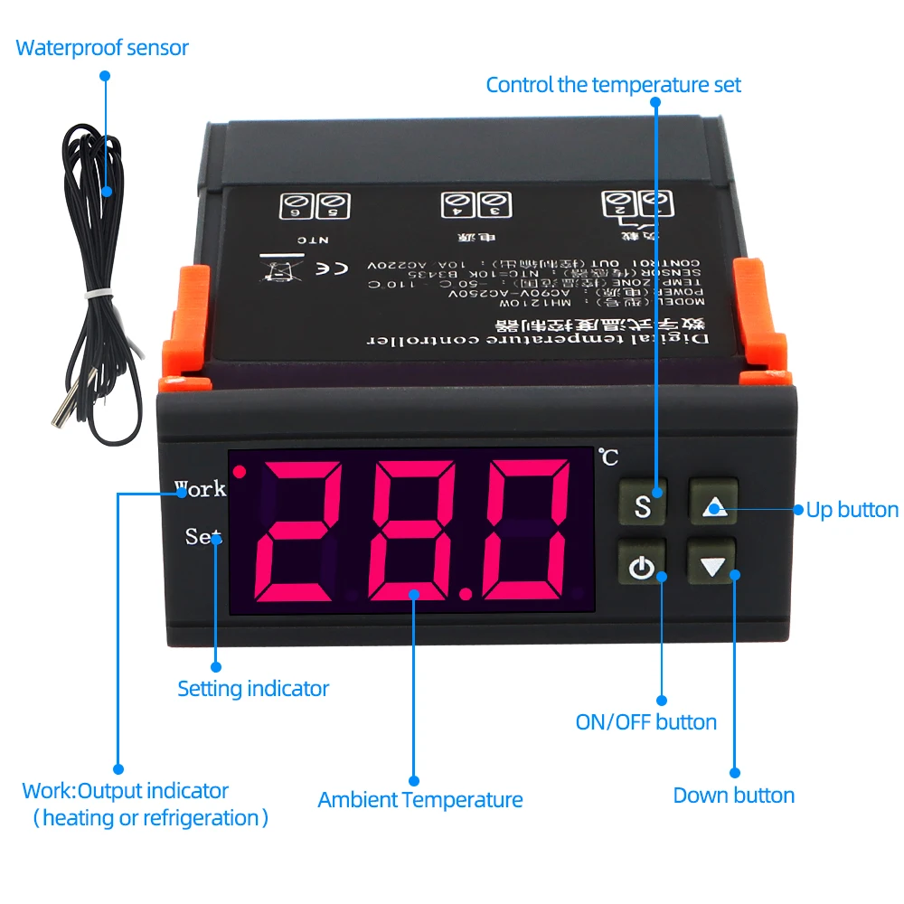 MH1210W Intelligent Thermostat Temperature Control Regulator AC DC 110-220V 24V 12V Digital Display Temperature Controller