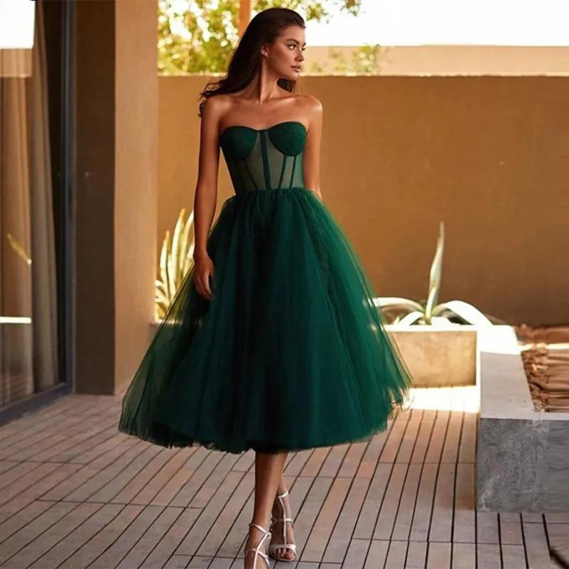 2023 Green Tulle Sweetheart Evening Dresses Corset Tea Length Sleeveless Formal Party Homecoming Prom Gowns Vestidos De Fiesta