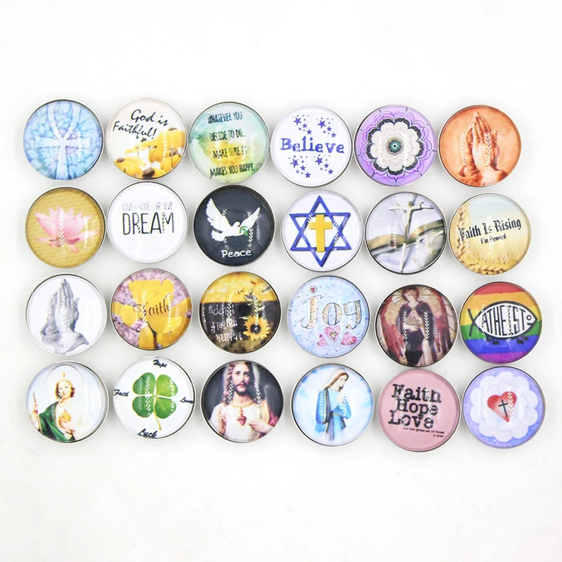 

24pcs DIY Snap Jewelry Findings 18mm Cabochon Printed Glass Religious Inspired Faith Pray Button for Snap Earrings Bracelet DIY