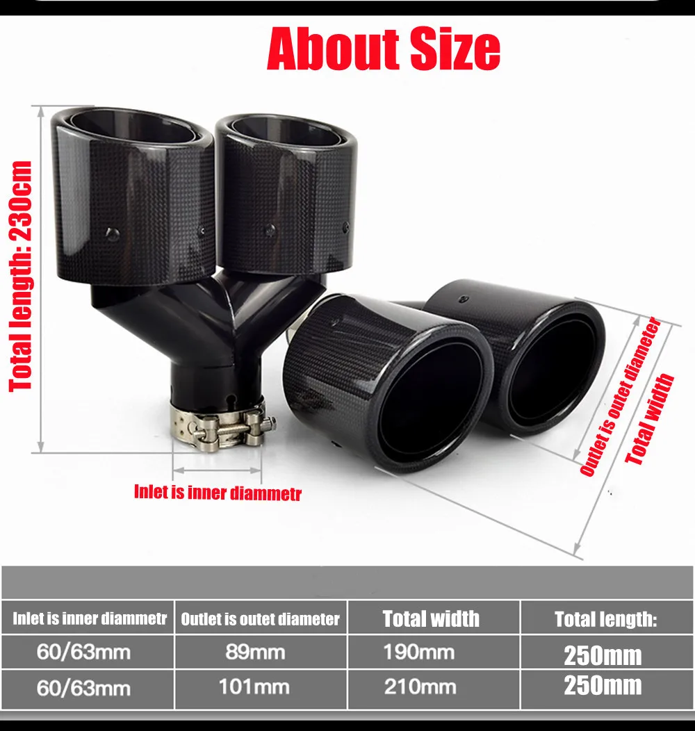 1PCS 63MM IN 89MM OUT Dual carbon fiber + Stainless Steel For akrapovic exhaust tip exhaust pipe muffler Matt Black Exhaust Tip