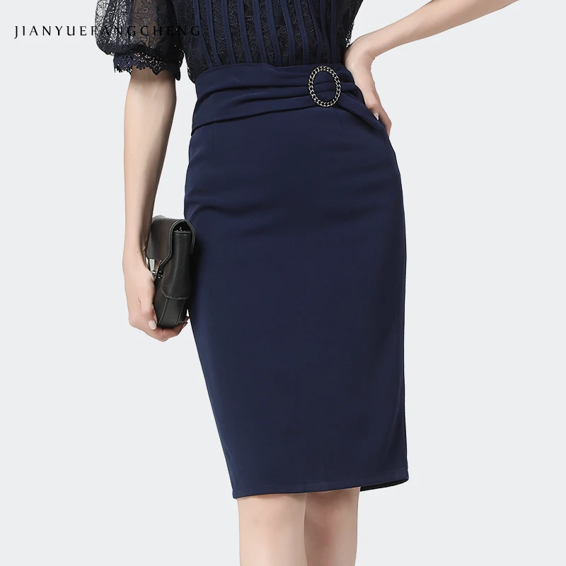 Elegant Sexy Ladies Dark Blue Pencil Skirt Metal Buckle Design Knee-Length 2021 Summer New High Waist Slim Female Office Bottoms