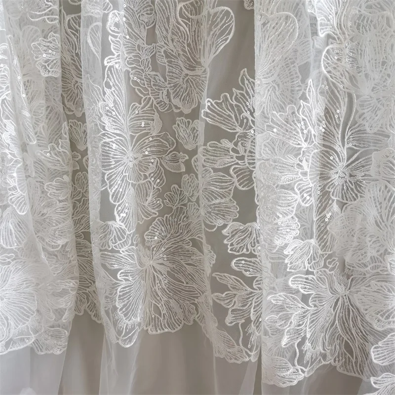 1 yard Off White Sequins Lace Fabric Clear Sequins Wedding Dress Sewing Gown Accessories DIY Material