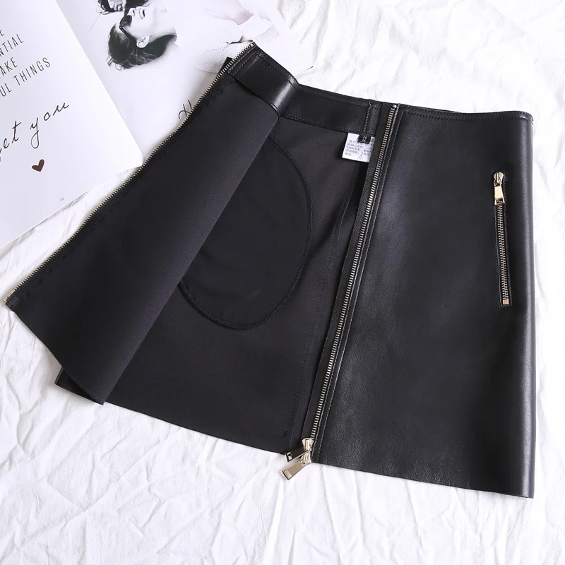 Streetwear Women Sheepskin Wrap A-Line Skirts High Waist Front Zipper Short Skirts Elegant Ladies Genuine Leather Black Skirt