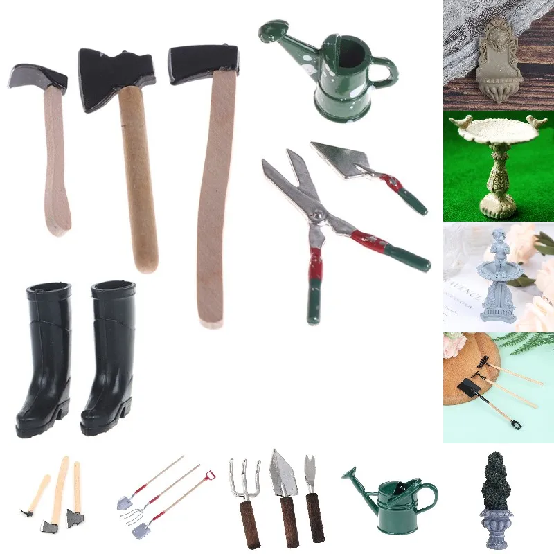 Hot! 1:12 Dollhouse Mini Garden Tool Watering Can Scissors Axes Shoes Rake Garden Pool Doll Decor Accessories