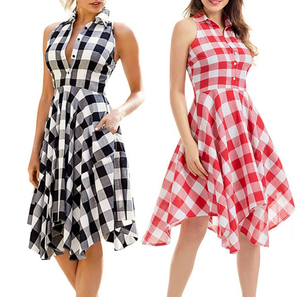 HOT SALES!!! New Arrival Fashion Summer Lady Plaid Print Button Down Slim Sleeveless Irregular Midi Dress Wholesale Dropshipping