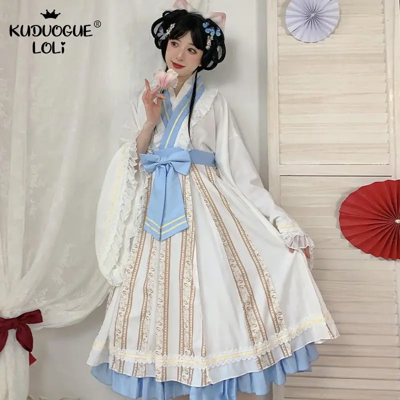 Long Sleeve Lolita OP Dress Cute Girls Sweet Vintage Embroidery Ruffles Lace Bows Chinoiserie Fresh Women Party Cosplay Costume