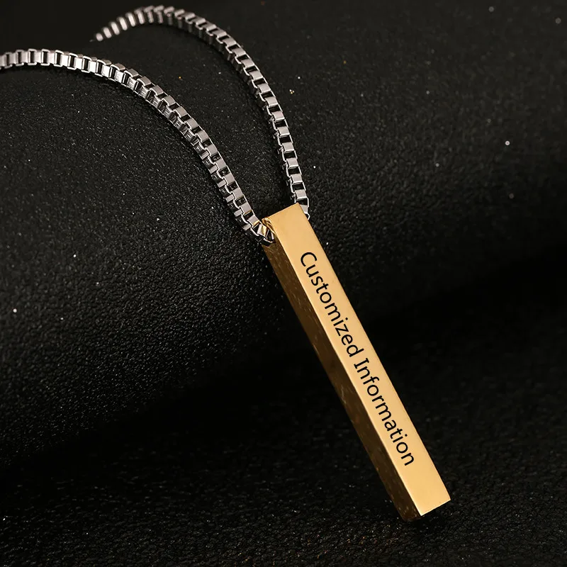 Four Sides Engraving Personalized Square Bar Custom Name Necklace Stainless Steel Pendant Cuboid Necklace For Women Men Gift