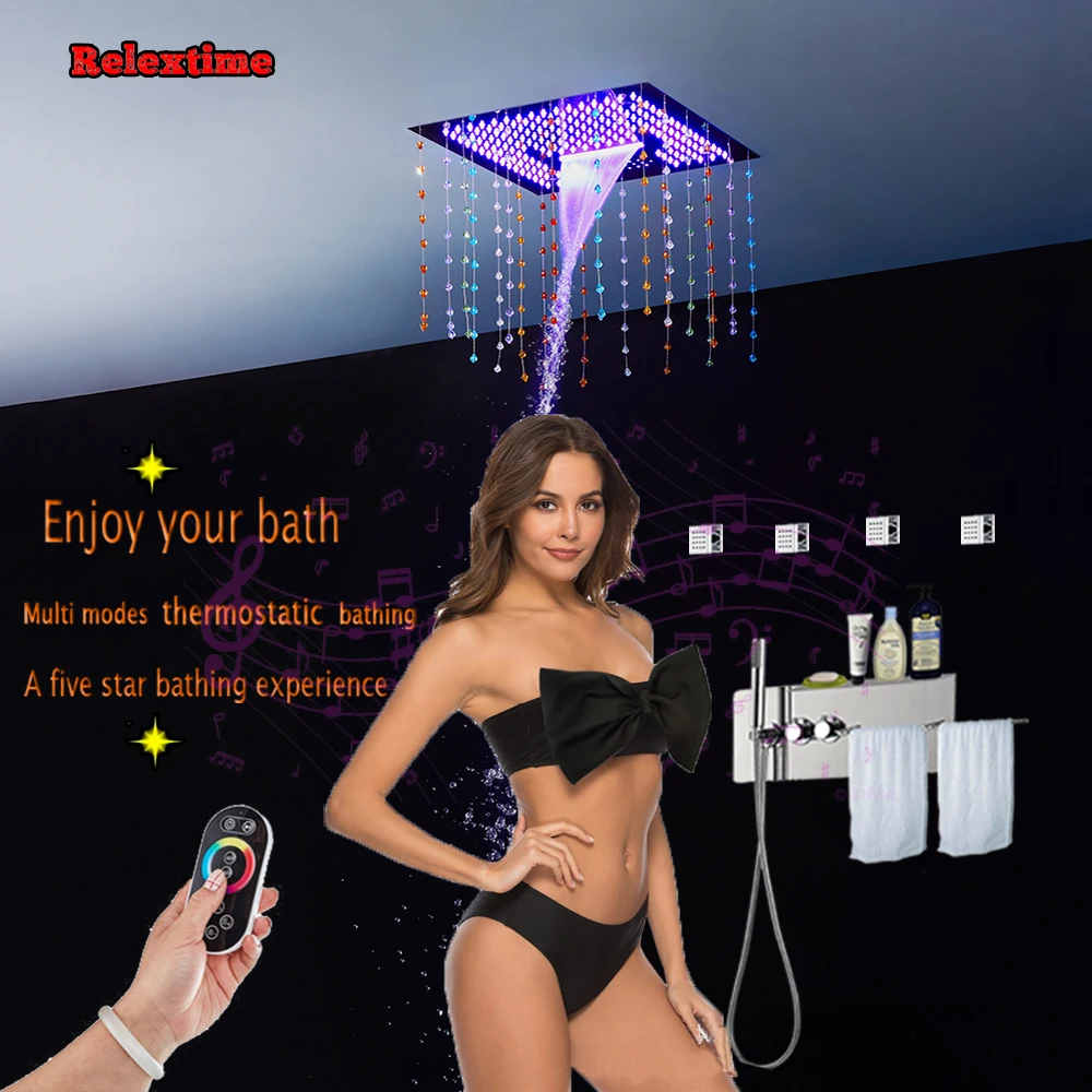 

Crystal Quartz Bluetooth Music LED Ceiling Shower Head Waterfall Faucet Thermostatic Concealed Mixer Shower Speaker System shelf