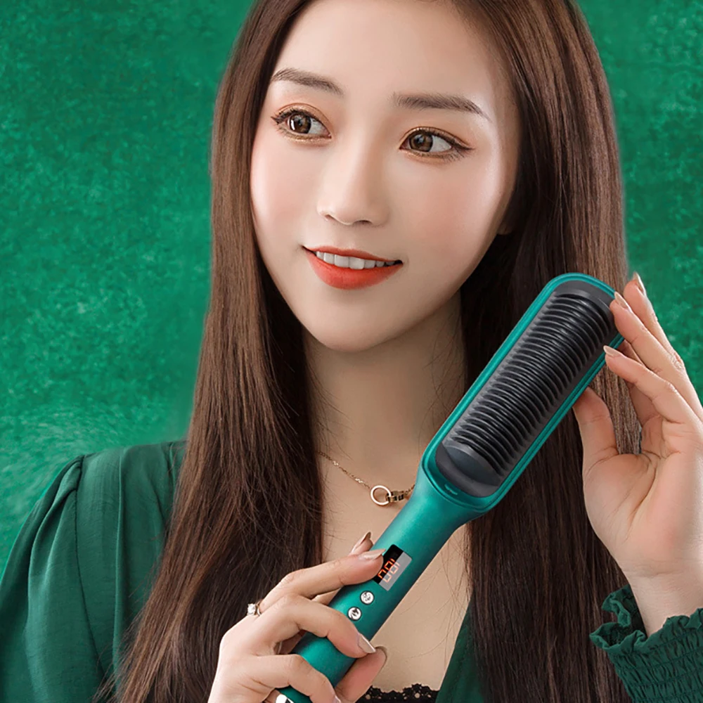 Cor-de-rosa verde alisador de cabelo escova alisamento ferro com construído em pente 20s rápido aquecimento & 17 temp configuração anti-escald ferramenta