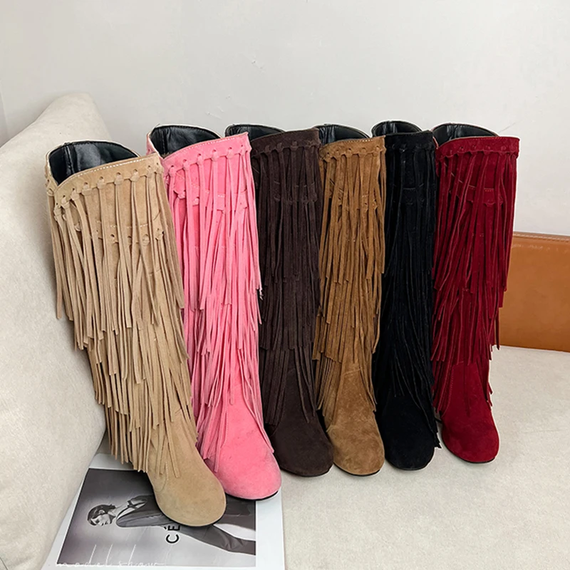 2022 Spring New High-Heeled V-Neck Fringed Women\'s Boots Round Toe Waterproof Fashion Sexy Fashion Set Of Feet Princess Boots