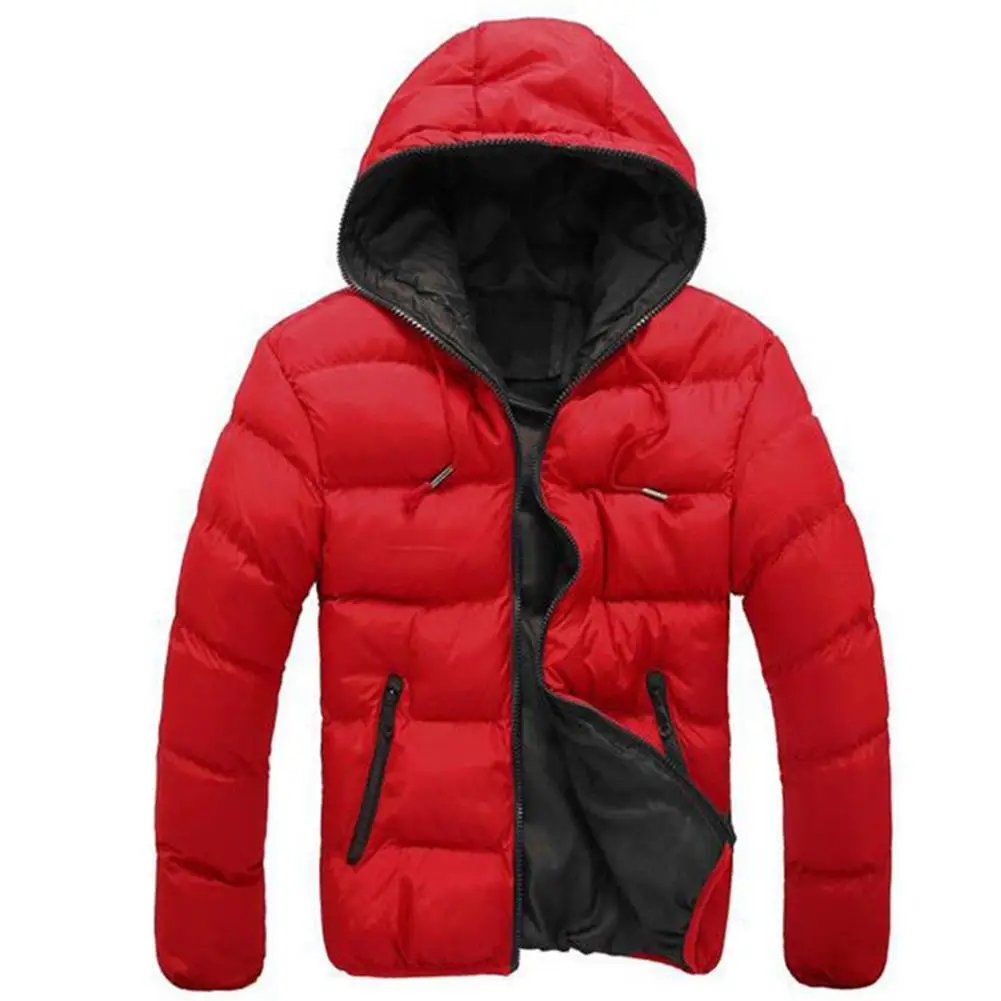 Fashion New Men Color Block Zipper Hooded Cotton Padded Coat Slim Thicken Outwear Jacket