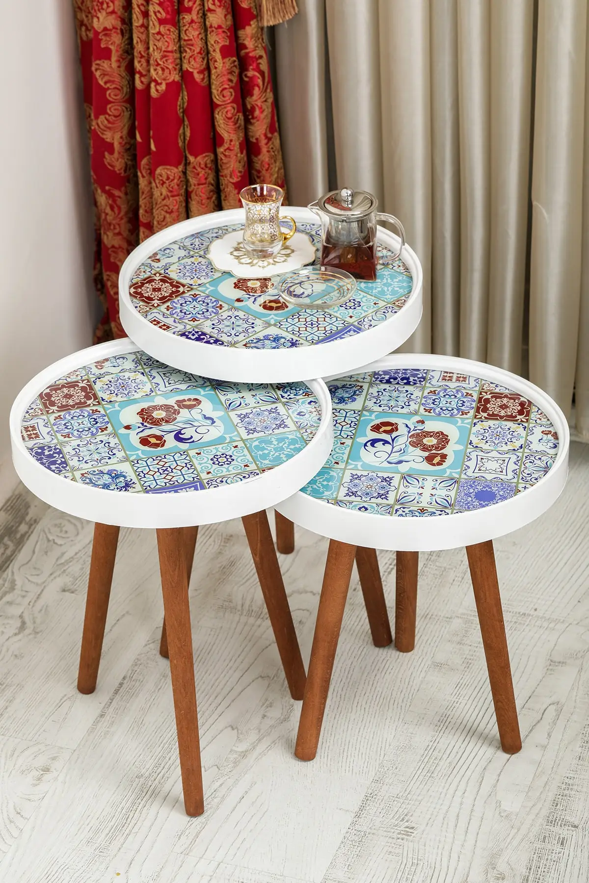 Table basse Zigon, 3 pièces, verre rétro, impression spéciale