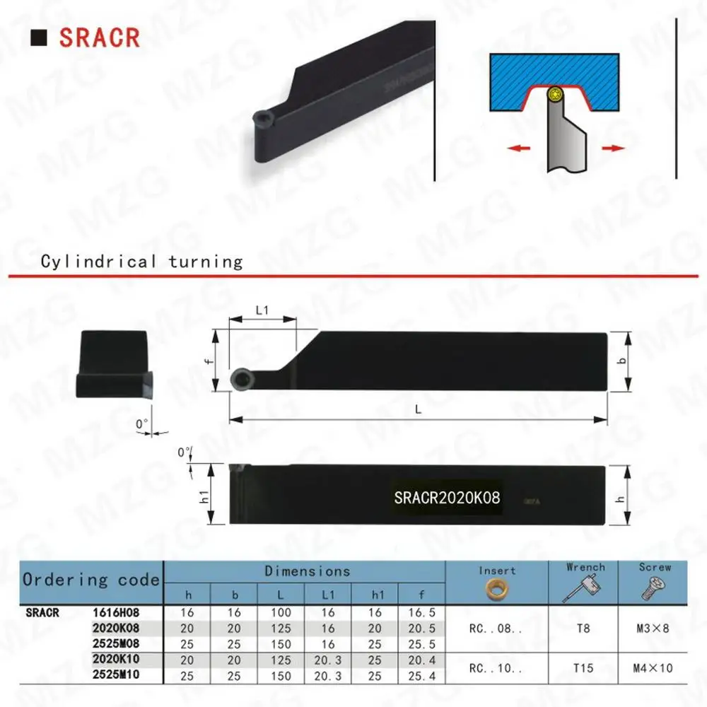 MZG 20mm 25mm SRACR 20 16 CNC RCMT Carbide Inserts Turning Arbor Lathe Cutter Bar External Boring Tool Clamped Steel Toolholder