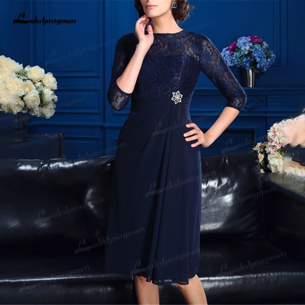 Blue Short Chiffon Women's Party Dresses 3/4 Sleeves A-line Ruffles Lace Illusion Knee-Length Short Mother Daughter Dresses