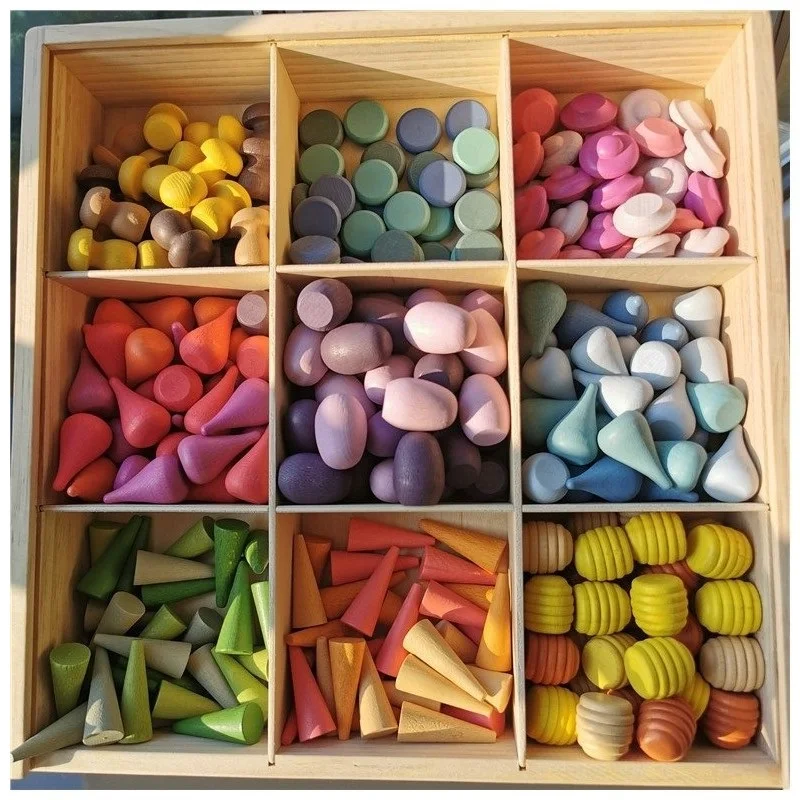 Children Rainbow Wood  Blocks Loose Parts Toy Mushrooms  Montessori Wooden Droplets Jigsaw