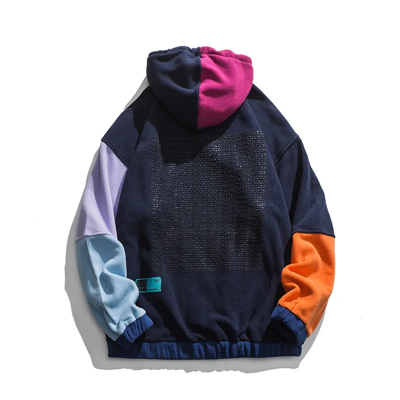 2023 Winter Fleece Hoodies Sweatshirt Men Hip Hop Color Block Patchwork Pullover Hoodie Streetwear Tops Oversize WE141