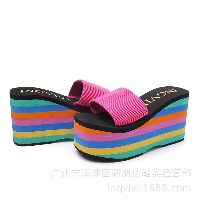 New Summer Women Sandals Rainbow wedges Beach Flip Flops Home Slipper Ladies Outdoor Heels Shoes Non Slip Soft Zapatos Mujer