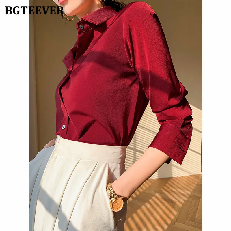 BGTEEVER Vintage Turn-down Collar Buttons Women Shirts Long Sleeve Loose Female Shirts Ladies Tops Blusas 2021 Autumn