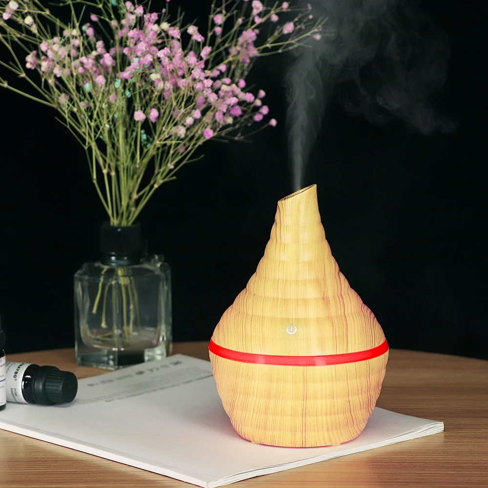 空気加湿器 USB ミニアロマディフューザーエッセンシャルオイルアロマセラピー 300 ミリリットル木目フィルター変色ライト家庭用車