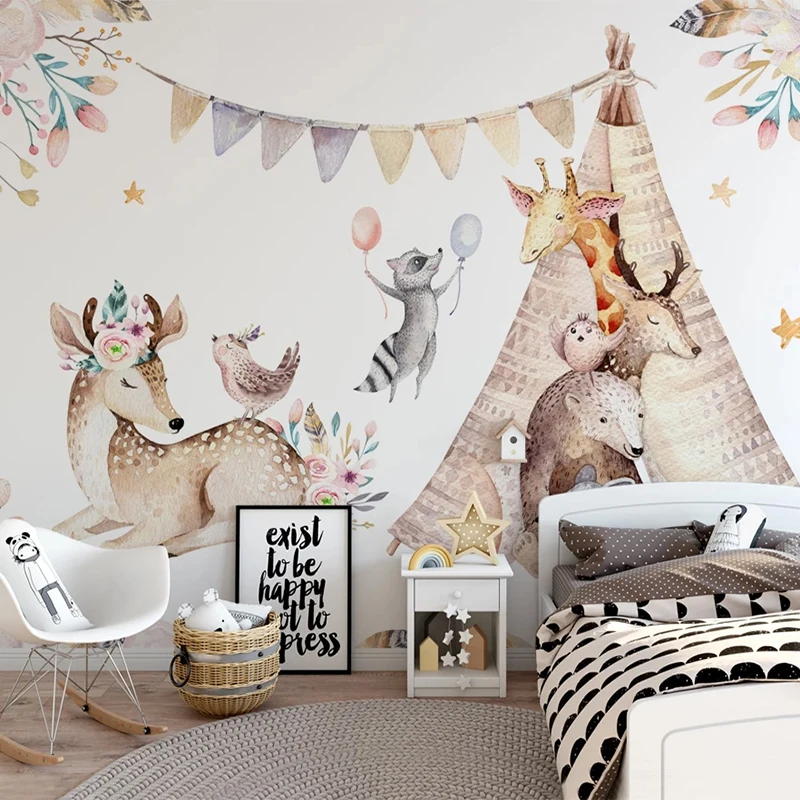 Custom Self-Adhesive Wallpaper 3D Hand Painted Cute Animal Children's Room Photo Wall Mural Kid's Background Wall Decor Stickers