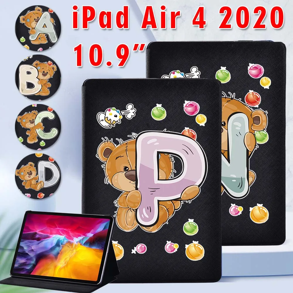 

For Apple IPad Air 4 10.9 Inch 2020 PU Leather Tablet Stand Folio Cover - Cute Bear Series Print Initial Name Case