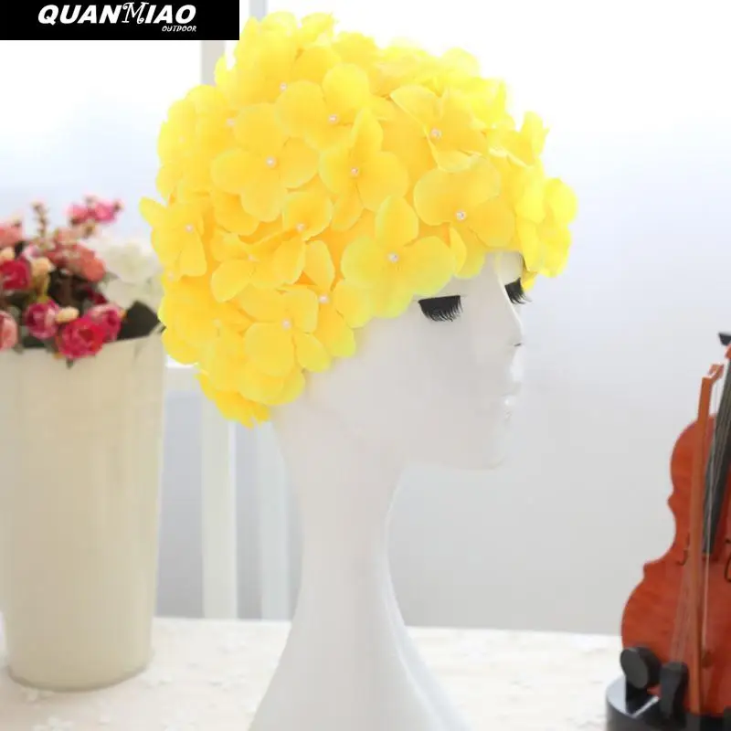 QuanMiao Hot Women Petal Swim Hat Flowers Design Bath Cap Ladies Swimming Cap Swim Pool Hat Swimming Cap