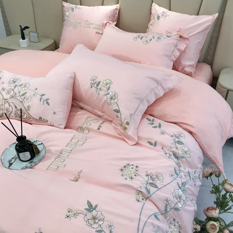 Jasmine Embroidered Satin Cotton Bedding Set Luxury European Pink Duvet Cover Flat/Fitted Bed Sheet Pillowcases Home Textile