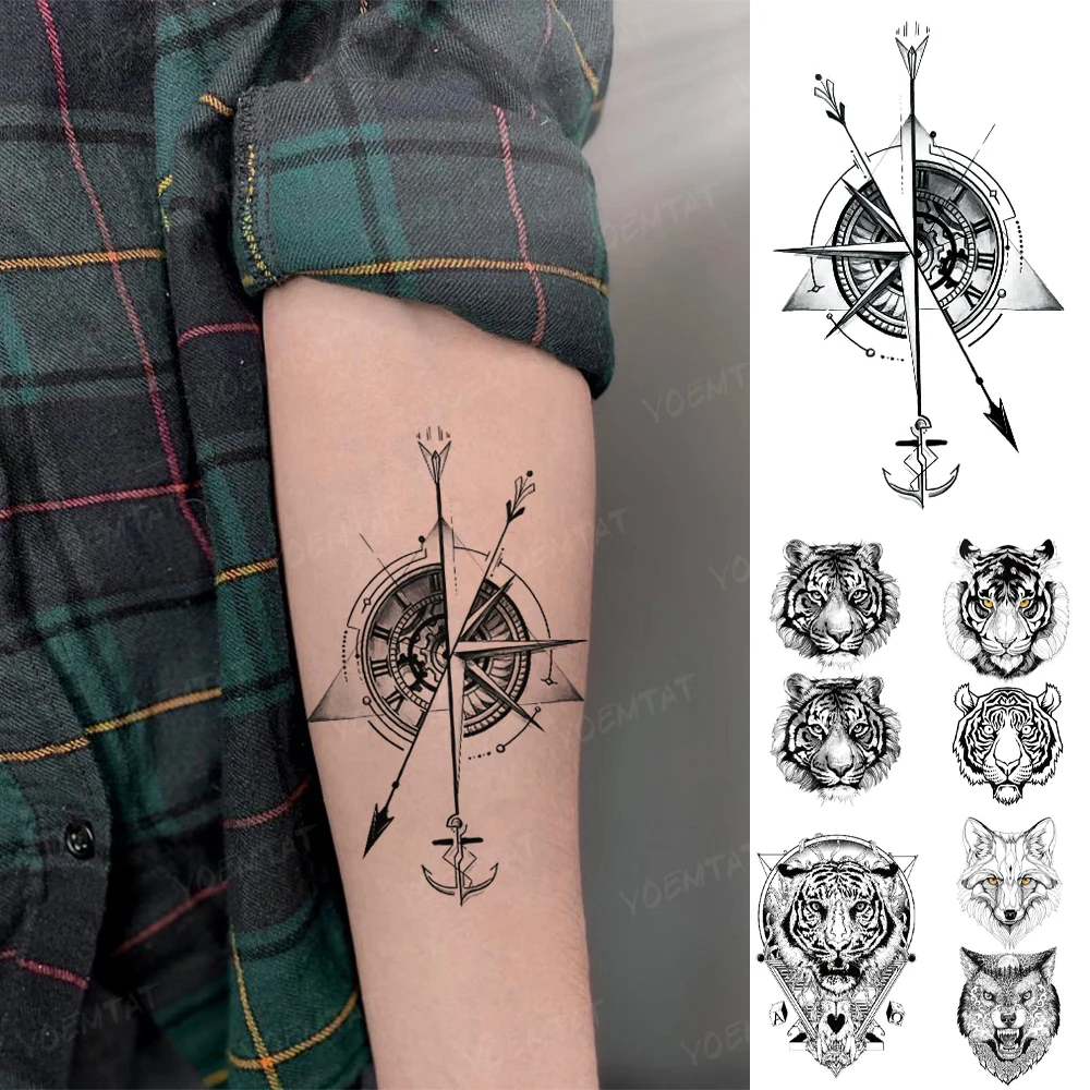 

Waterproof Temporary Tattoo Sticker Clock Compass Ship Anchor Tiger Wolf Cool Flash Tatto Man Arm Body Art Fake Tatoo Woman Kids