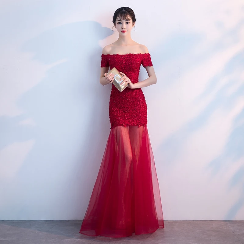 Robe de soiree New Arrival Red Boat Neck Bouquet Evening dress Mermaid Lace Up vestido de festa Party Prom dresses Custom made