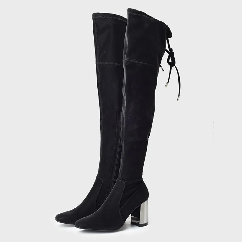 Spring New Brand Designer Silver Plating Block Super High Heels Slim Elastic Knee High Boots Stretchable High Quality Botas