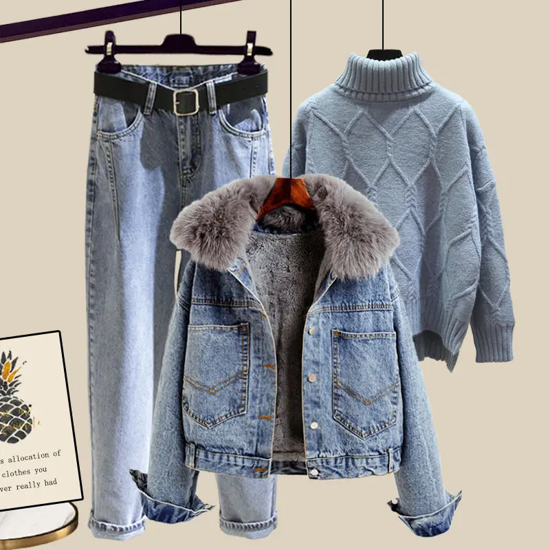 Large Size Women Winter Warm suit Fashion denim jacket and knitting Top+pant Three piece set Jacket Sportwear Big Matching 4XL