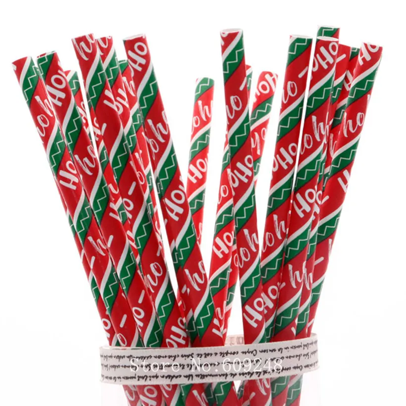 Green and Red Striped HoHo Christmas Paper Straws,New Year Party, Biodegradable, Colorful, Patterned, Bulk, 100 Pcs