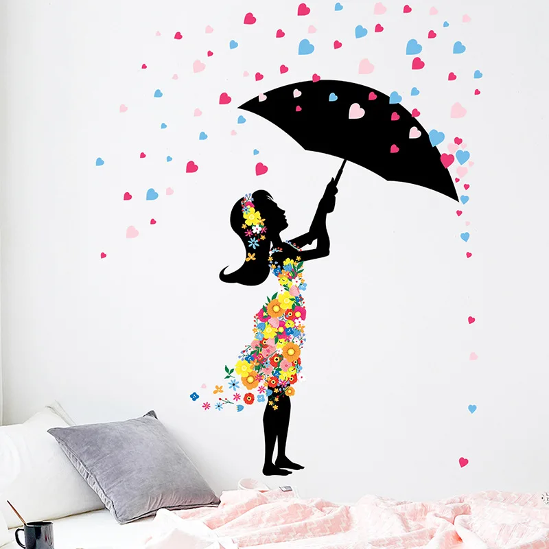 Umbrella Flowers Girl Wall Sticker For Girls Room Decoration Paster Bedroom Decor Beautiful Decals Creative Self-adhesive Mural