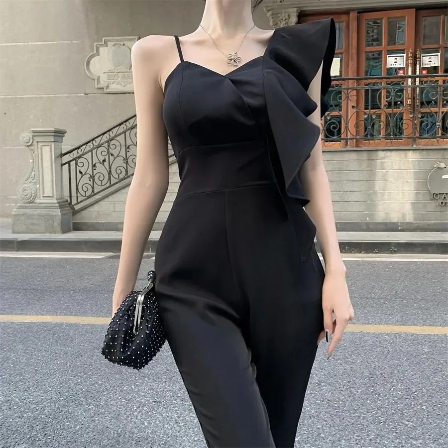 Elegant Spaghetti Shoulder Strap Jumpsuit Women Summer Ruffle High Waist Rompers Office Lady Slim Temperament Jumpsuit Party New