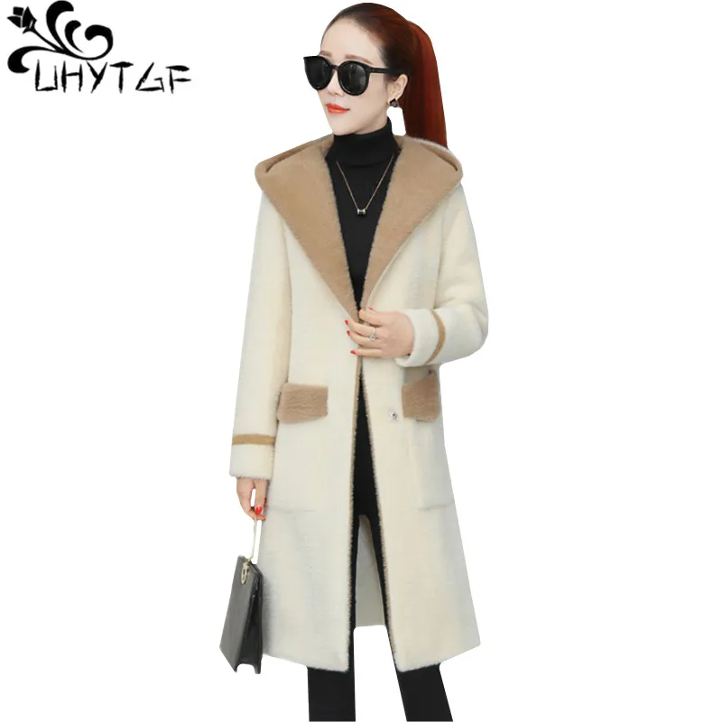 

UHYTGF Quality Mink Cashmere Knit Cardigan Spring Sweater Coat Womens Hooded Loose Big Size Top Fashion Mane Sweater Female 466