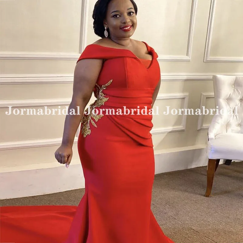 Vestidos de noite vermelho com ombro de fora, com apliques dourados requintados, tamanho grande, sereia, cetim, vestido de festa de casamento