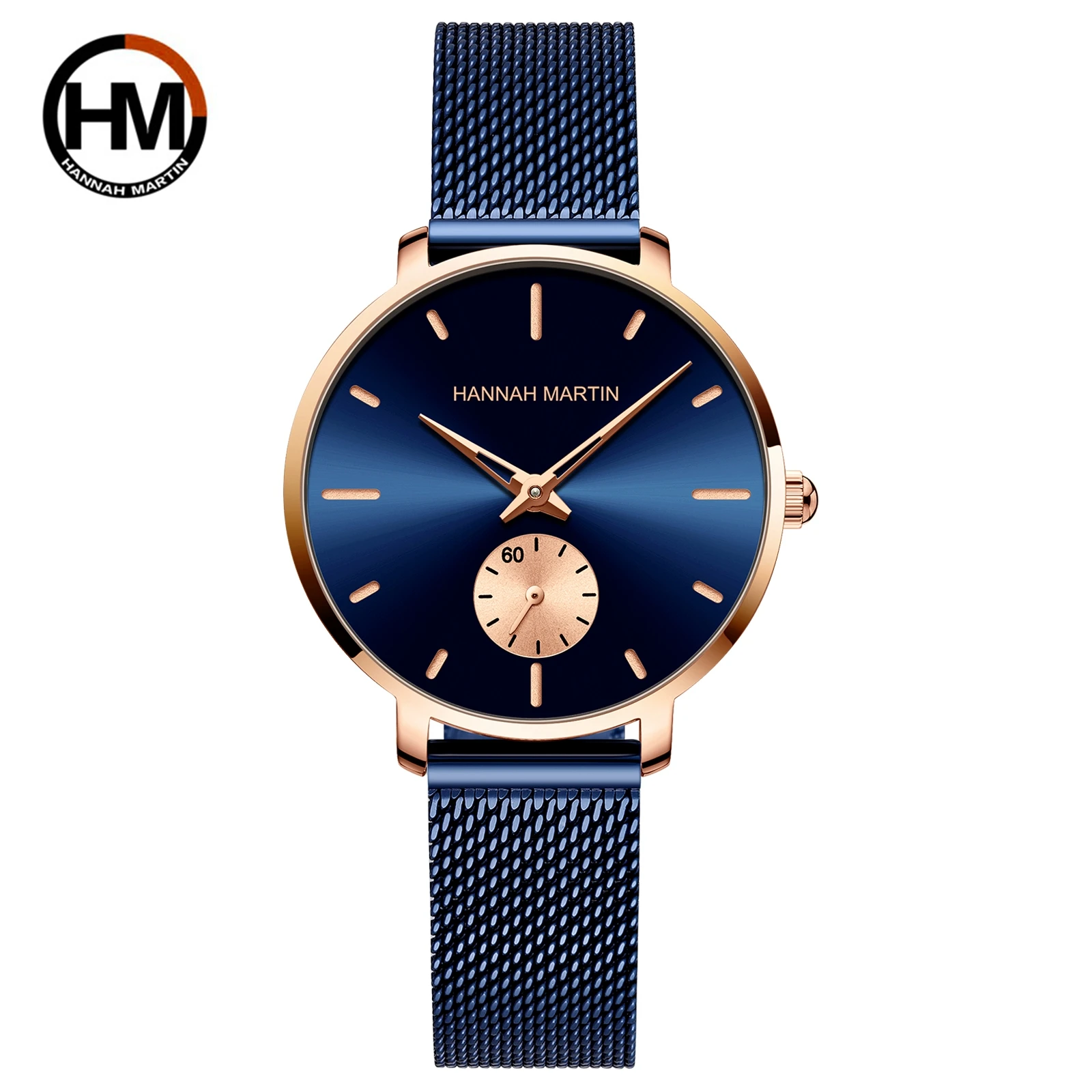 Reloj sencillo de moda para mujer, correa de malla de acero inoxidable azul, pequeño, carcasa de oro rosa de segunda mano, de cuarzo, resistente al