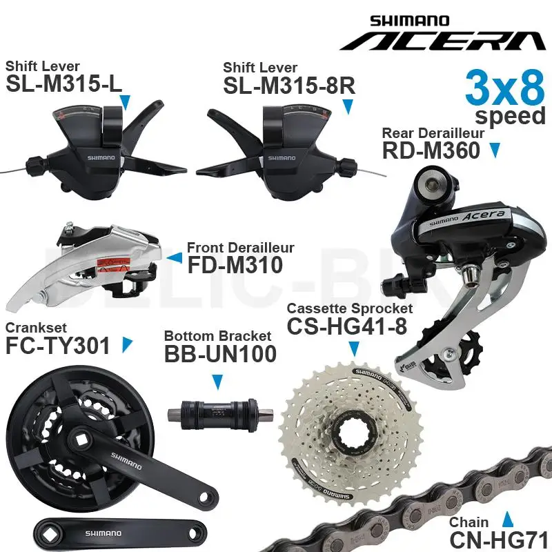 

SHIMANO ALTUS Acera 3x8 Speed Groupset include M315 Shifter M310 Front/ M360 Rear Derailleur Crankset Cassette Sprocket Chain