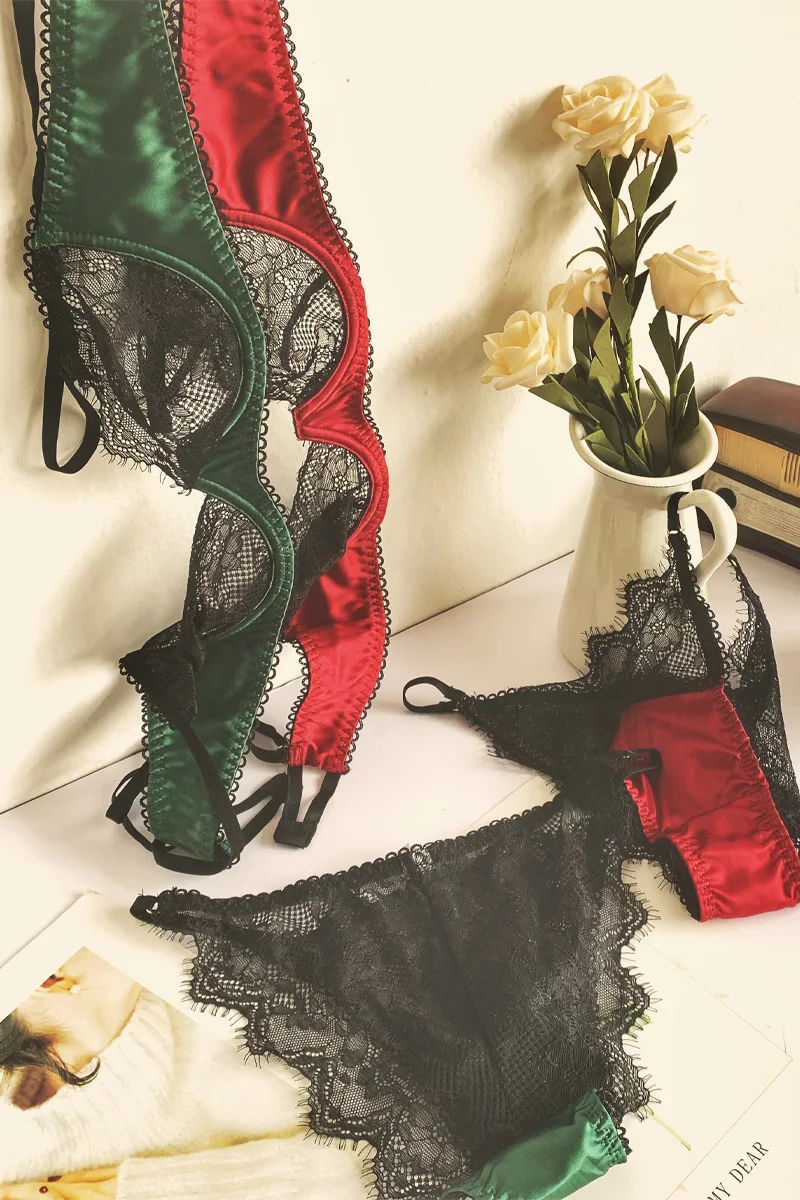 Sexy lingerie panty set with steel ring half cup gathered garter panties three-piece large size bralette satin retro bra set