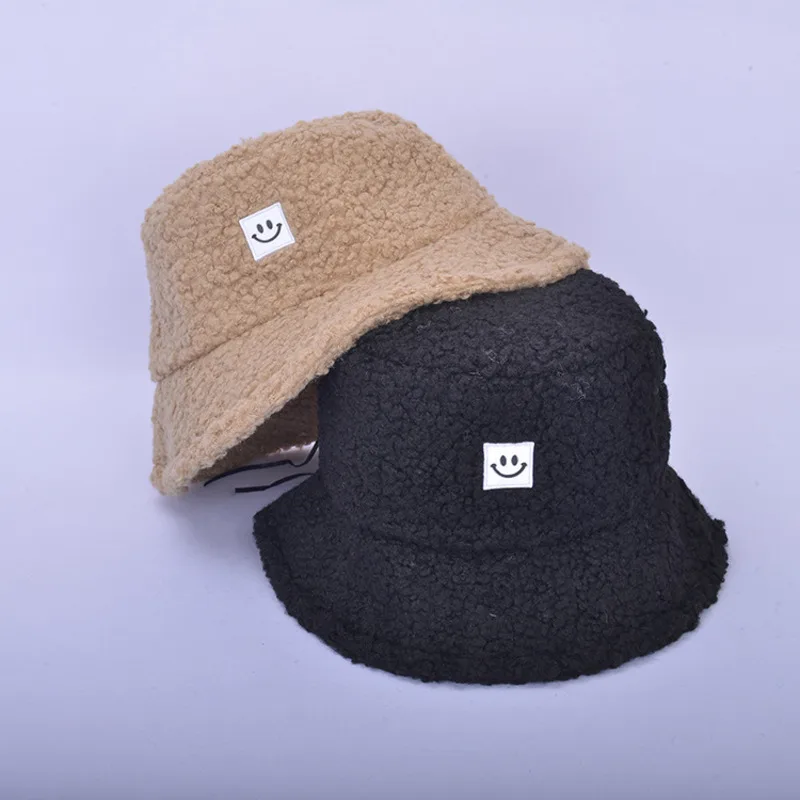 Unisex Winter Bucket Hat Teddy Plush Smiley Face Print Bucket Hats Warm Casual Caps Panama Outdoor Fisherman Cap For Women Men