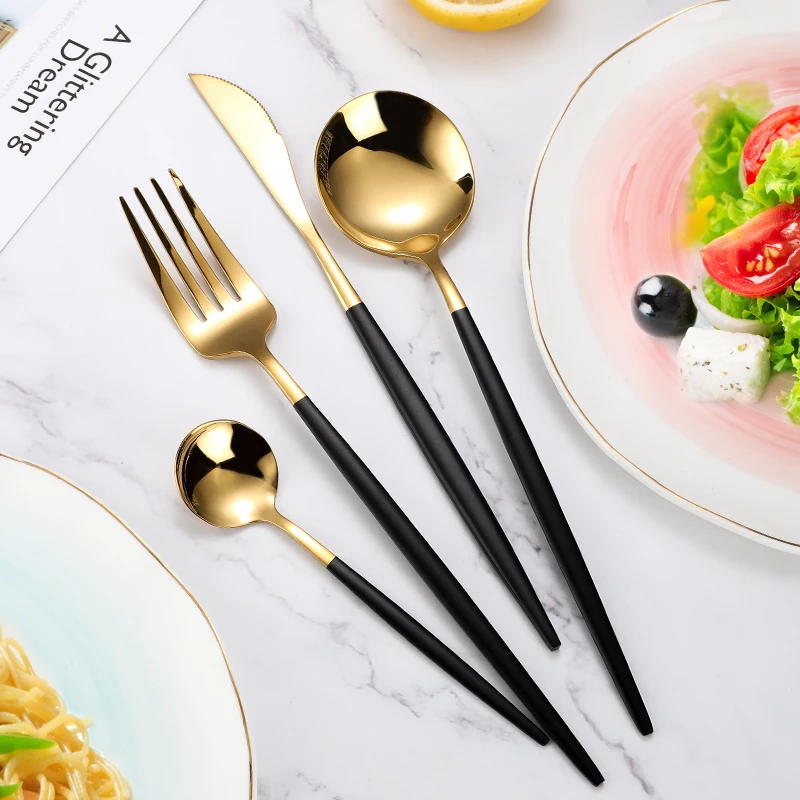 4Pcs/set Black Gold Cutlery Set 18/10 Stainless Steel Dinnerware Spoon Dropshipping Silverware Flatware  Dinner Knife Fork