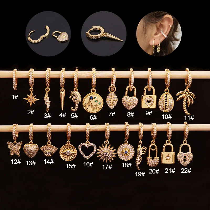 

New 1Pc Gold Color Tone Cz Hoop With Pendant Dangle Earrings Asymmetric Dainty Drop Earring Lobe Ear Piercing Jewelry Bijoux