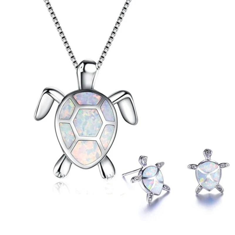 Fashion Cute Sea Turtle Necklace Earrings Jewelry Sets Trendy Animal Blue Opal Stud Earrings For Girl Women Wedding Band Gifts