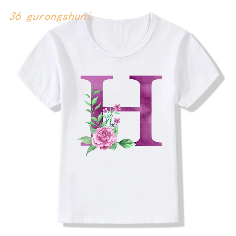 tshirt girl Letter H I J G Lovely Rose Bouquet cartoon t shirt children clothing Letters girls tops kids clothes boys t shirts