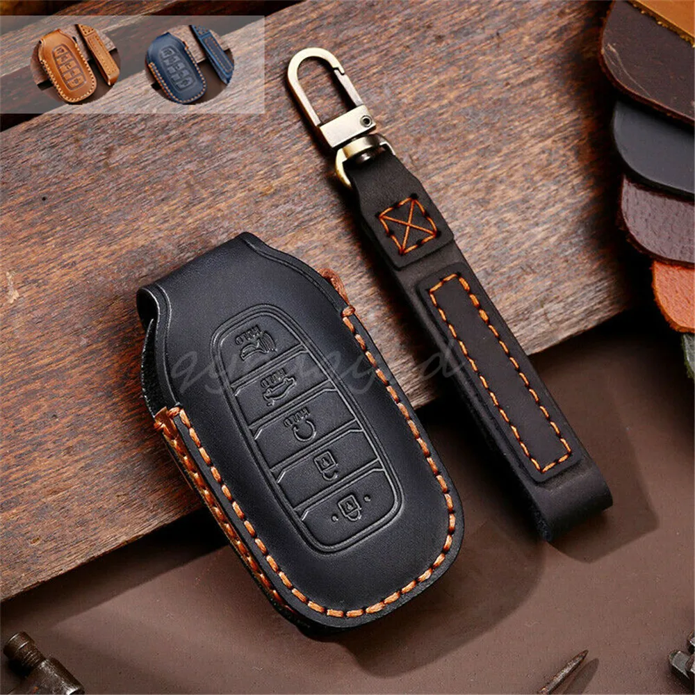 

Leather Remote Car Key Cover Case Skin Shell Holder Bag For Hyundai Palisade 2020 Smart 5 Buttons Fob Accessories Styling