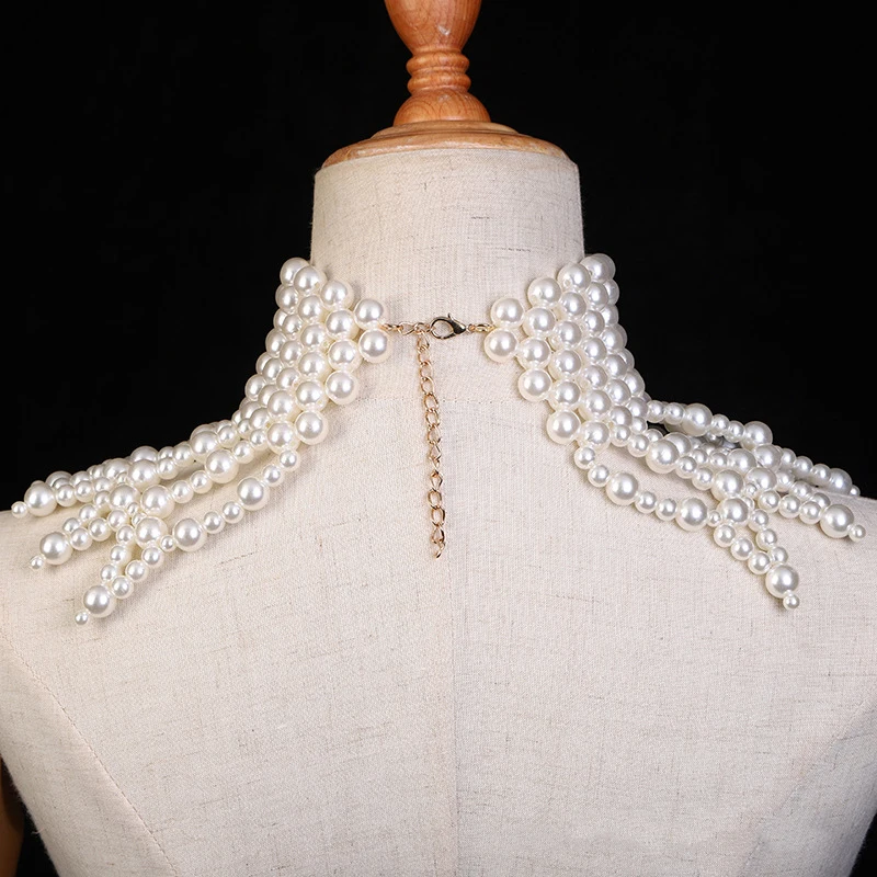 Capa de boda con perlas de lujo para novia, cuello alto para mujer, cadena para el cuello para graduación, banda para el cuello con cuentas románticas para fiesta elegante, color negro y marfil