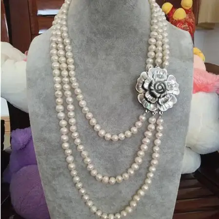 

Hand knotted design layers necklace 3rows 7-8mm natural nearly round white freshwater pearl shell flower clasp long 45-55cm