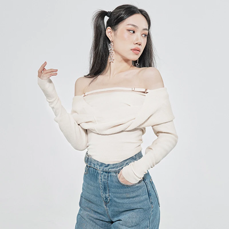 VGH Solid Sexy Sweater For Women Slash Neck Long Sleeve Cut Out Slim Knitting Pullover Female Korean Fashion Clothing 2024 Style